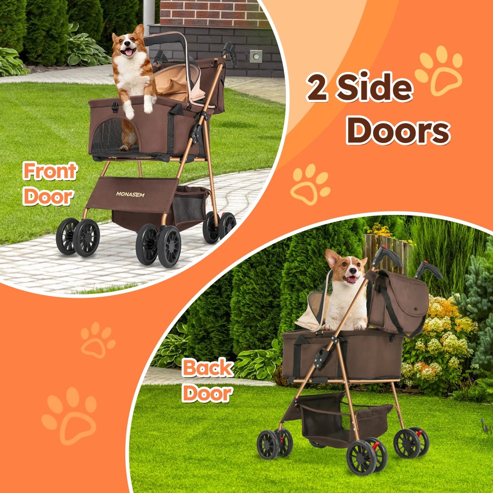 Monasem 3-in-1 Pet Stroller, Foldable 4-Wheel Cat & Dog Stroller with Detachable Carrier, Canopy and Storage Basket, up to 60lbs, Brown - Image 8