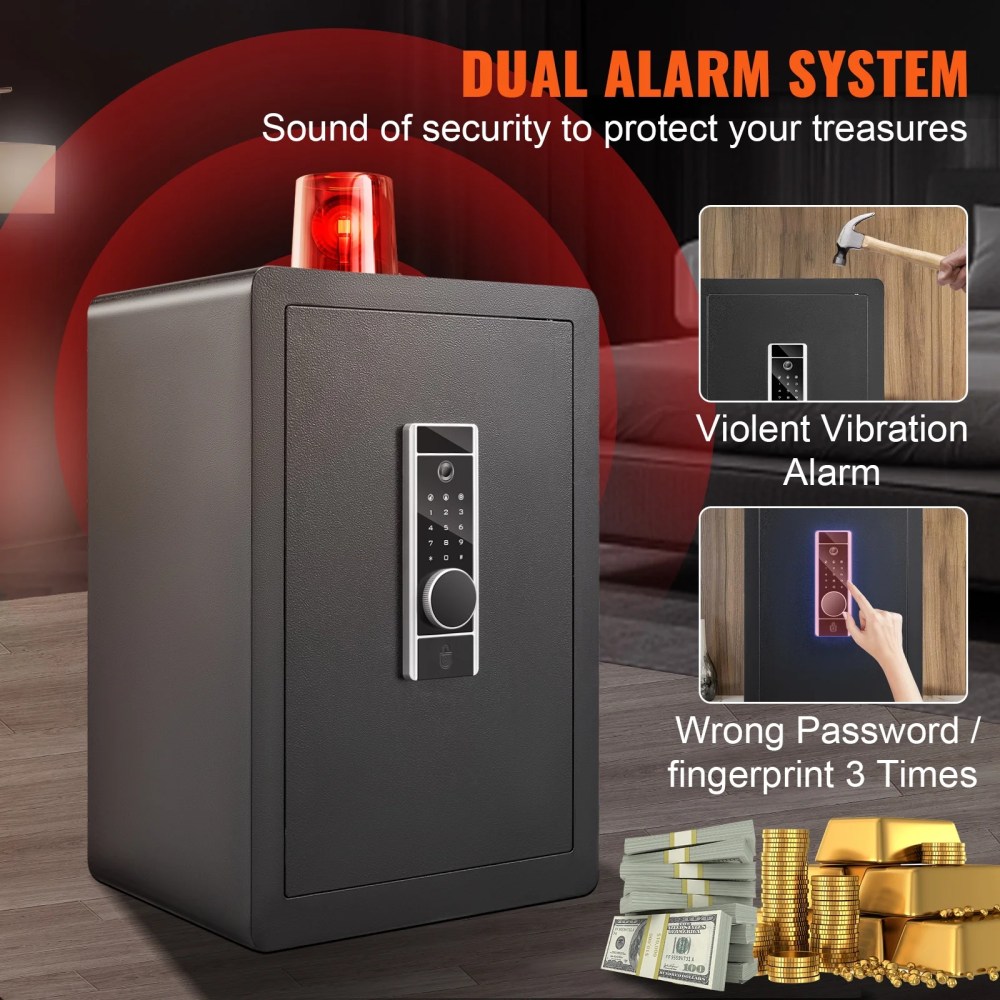 VEVOR Security Safe Box 2.2 Cubic Feet Fingerprint Digital Keypad Lock Box Safe Fingerprint Safe Box with Inner LED Light Fire Resistant Home Safe Steel for Cash Gold 15.75x13x23.6 inch - Image 7