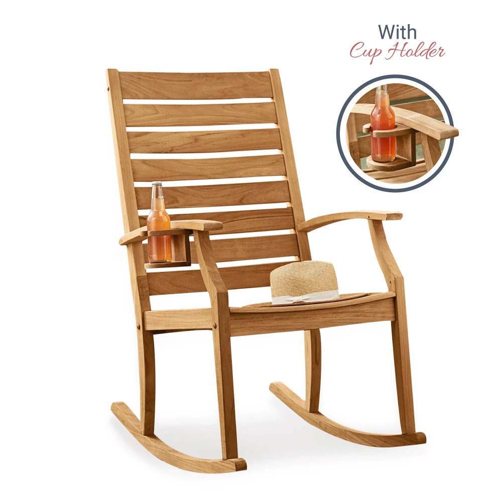 Logan Solid Teak Outdoor Rocking Chair with Bottle Holder, Natural Teak - Image 3