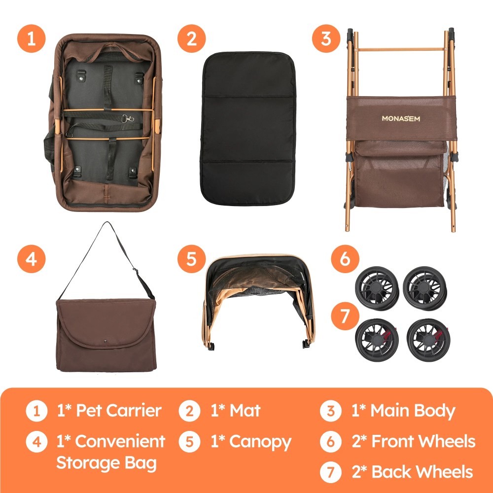 Monasem 3-in-1 Pet Stroller, Foldable 4-Wheel Cat & Dog Stroller with Detachable Carrier, Canopy and Storage Basket, up to 60lbs, Brown - Image 5