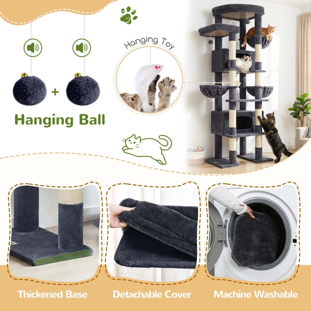 Globlazer 84" Multilevel Large Cat Tree Tower for Indoor Cats with 2 Condos, 3 Hanging Baskets & 8 Scratching Posts, Dark Gray - Image 4