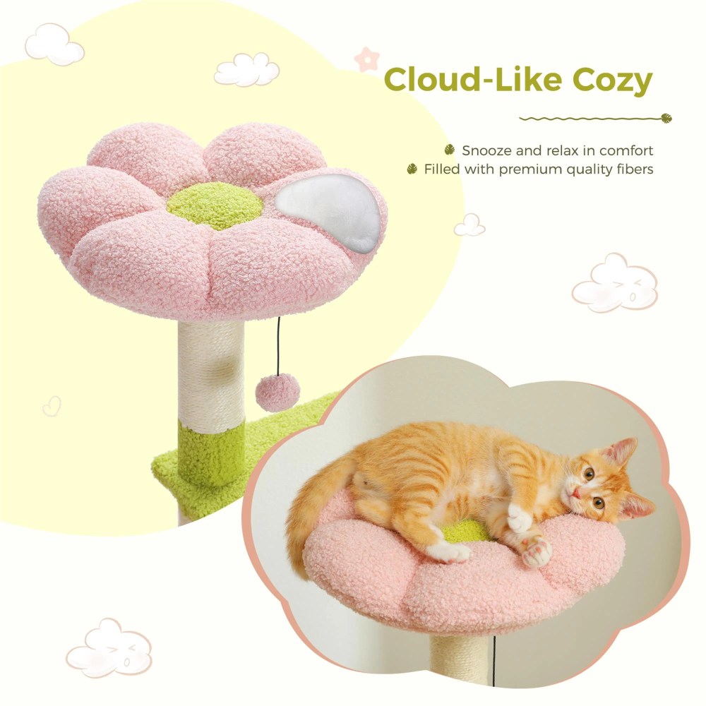 Pefilos 47" Flower Cat Tree Tower for Indoor Cats, Cat Condo with Pink Top Perch for Kittens, Cat Tree House with Sisal Scratching Posts, Pink - Image 2