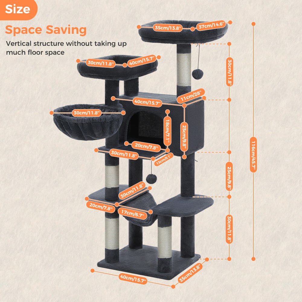 PAWZ Road 46.5" Large Cat Tree Multi-Level Cat Tower with Top Perchs&Big Condo Indoor Dark Gray - Image 9