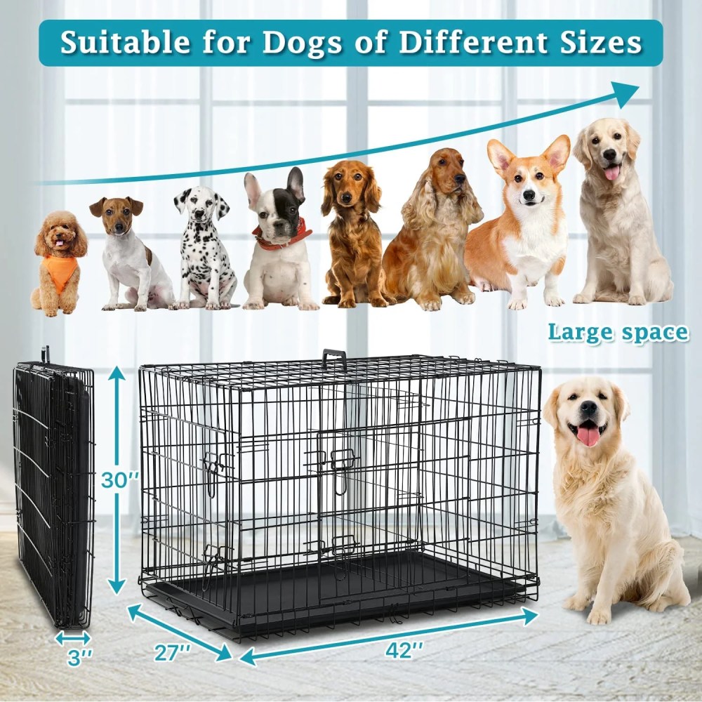 Dkelincs 42 inch Heavy Duty Dog Cage Foldable Dog Crate w/2 Doors&Divider XL Dog Kennel w/Handle for Medium Puppy - Image 2