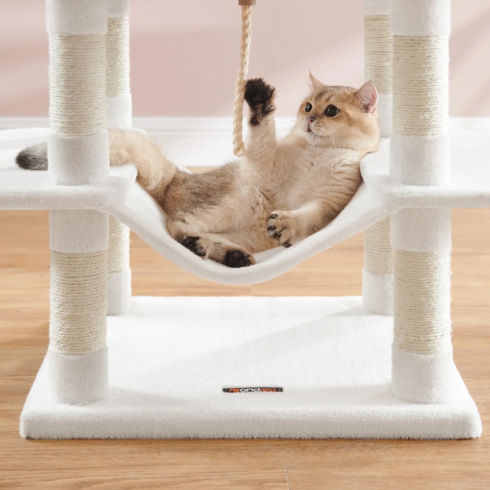 LEDREM 66.1-Inch Multi-Level Cat Tree Tower with 2 Perches, 2 Caves, Hammock & 13 Scratching Posts-Plush Climbing Condo for Indoor Cats, Cream White - Image 4