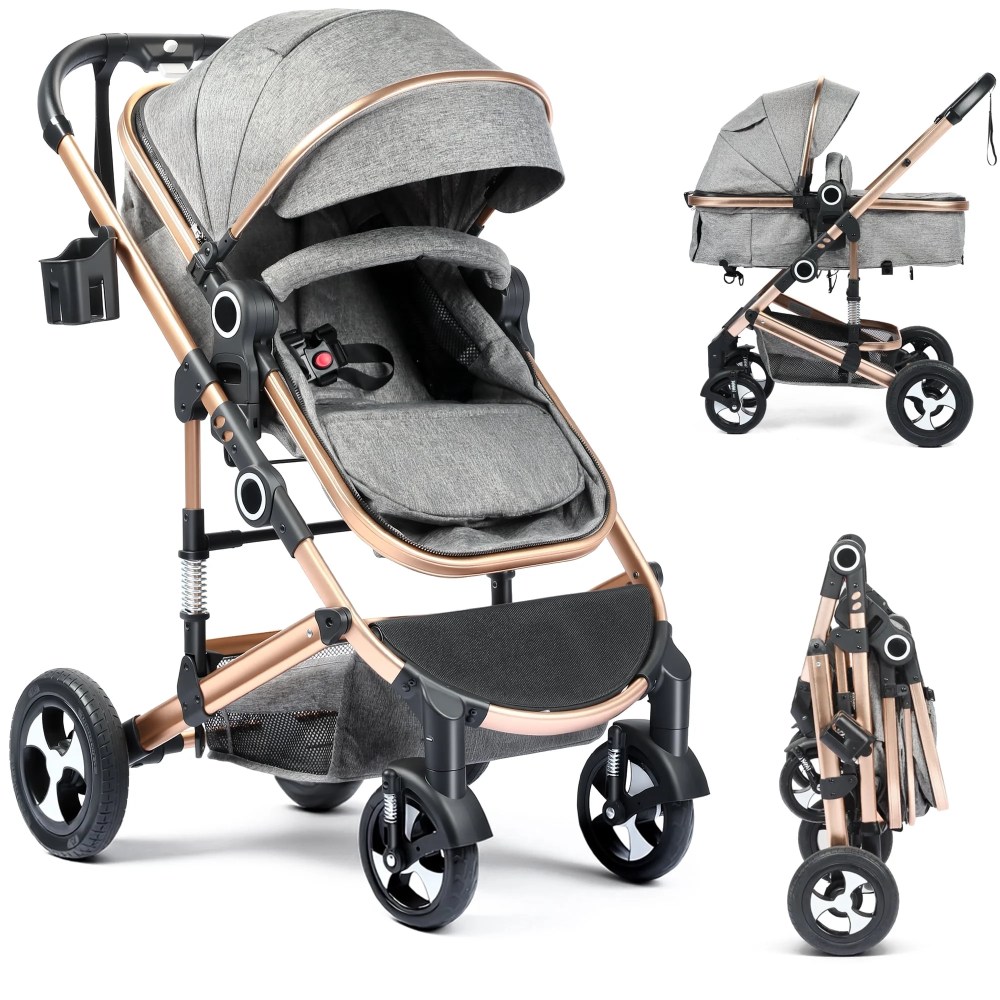 AILEEKISS 3-in-1 Convertible Baby Stroller with Big Seat and Adjustable Canopy, 24 Pounds, Rose Gold