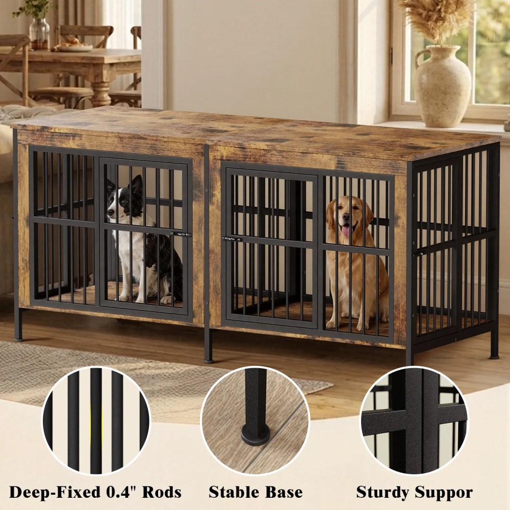 YOKWOK 78 Inch Dog Crate Furniture for Large Dogs with Sturdy Removable Divider, Extra Large Double Doors Dog Kennel Furniture, Thick Wooden Dog cage Furniture, Brown - Image 5