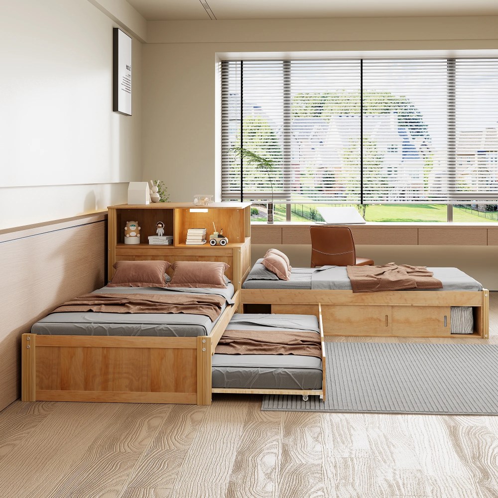 Euroco Pine Wood L-Shaped Twin Platform Bed with Storage Desk, Cabinets, Trundle and LED Light for Kids Teens, Natural - Image 8
