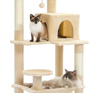 Cat Tree for Large Cats, 56.3" Tower with Hammock & Condo, 6-Tier Cat Shelves, Scratching Posts, Beige
