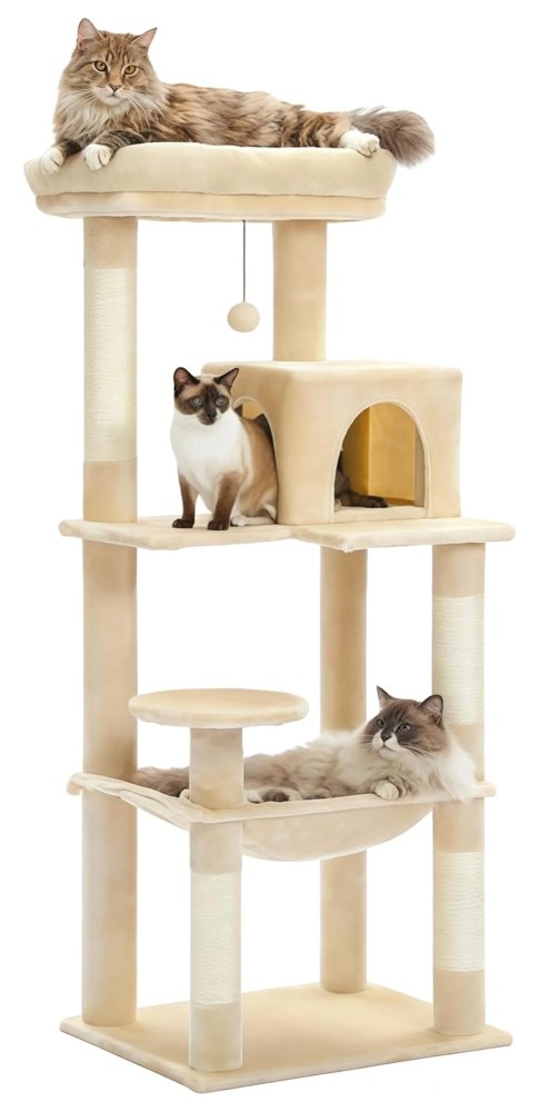 Cat Tree for Large Cats, 56.3" Tower with Hammock & Condo, 6-Tier Cat Shelves, Scratching Posts, Beige