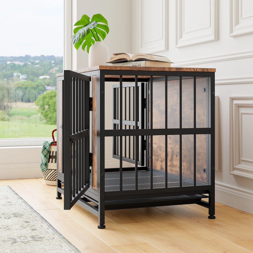 Pefilos 27.4" Furniture Style Dog Crates for Indoor, Pet Kennels with Removable Trays and 2 Sliding Doors, Heavy-Duty Dog Cage, Brown - Image 8