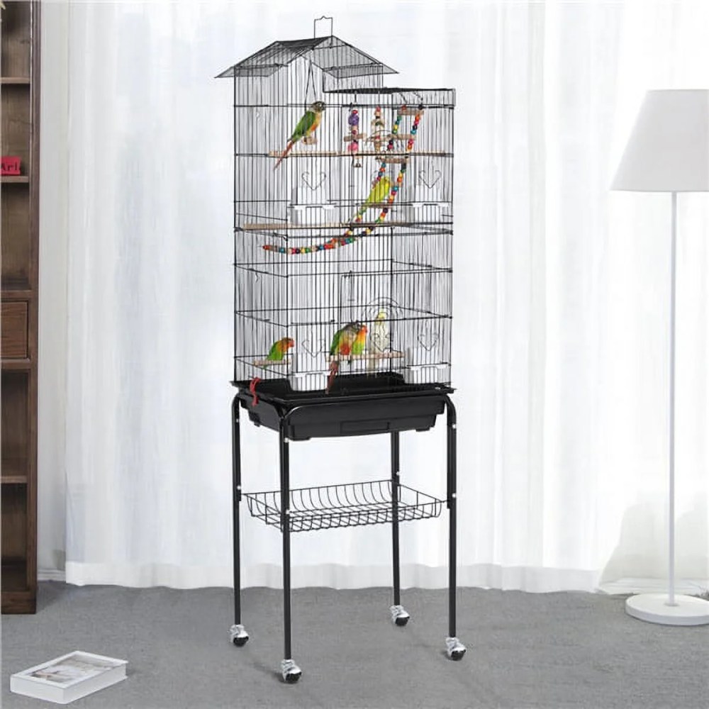 Alden Design 62.4"H Metal Rolling Mid-Size Bird Cage with Detachable Stand, Black - Image 11
