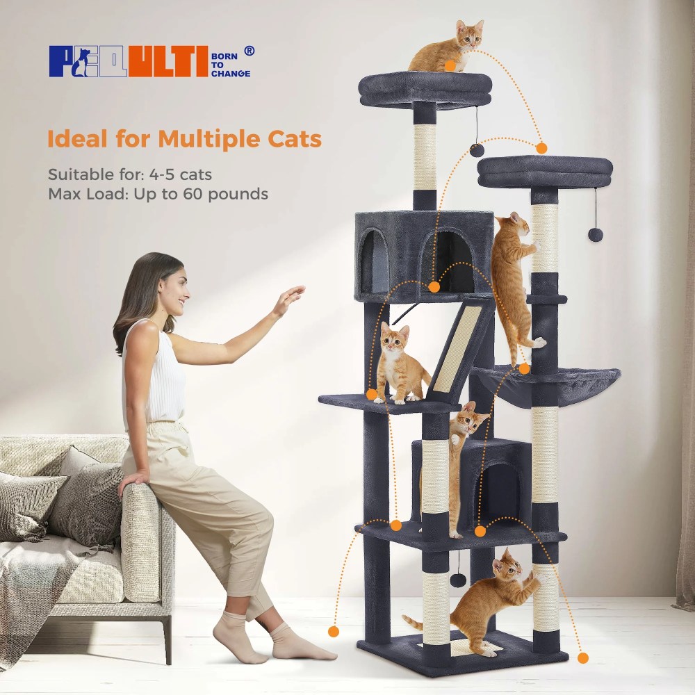 PEQULTI 71 " Large Cat Tree Tower for Cat with Dual Condos and 6 Scratching Posts Indoor Dark Gray - Image 5