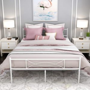 Yoneston Queen Size Metal Bed Frame Bedroom Platform Bed Frame with Headboard,White