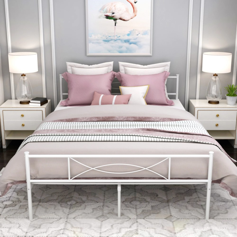 Yoneston Queen Size Metal Bed Frame Bedroom Platform Bed Frame with Headboard,White