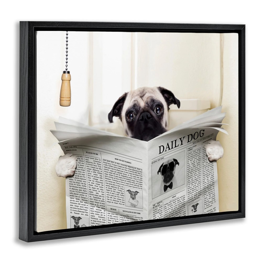 Stupell Industries Pug Reading Newspaper in Bathroom Jet Black Framed Floating Canvas Wall Art, 1620, by In House - Image 3