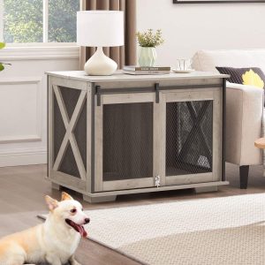 Pefilos 37" Wood Dog Crate Furniture,  Heavy Dog Kennel Pet House with Sliding Barn Door,  Indoor Dog Cage for Large Dogs,  Gray