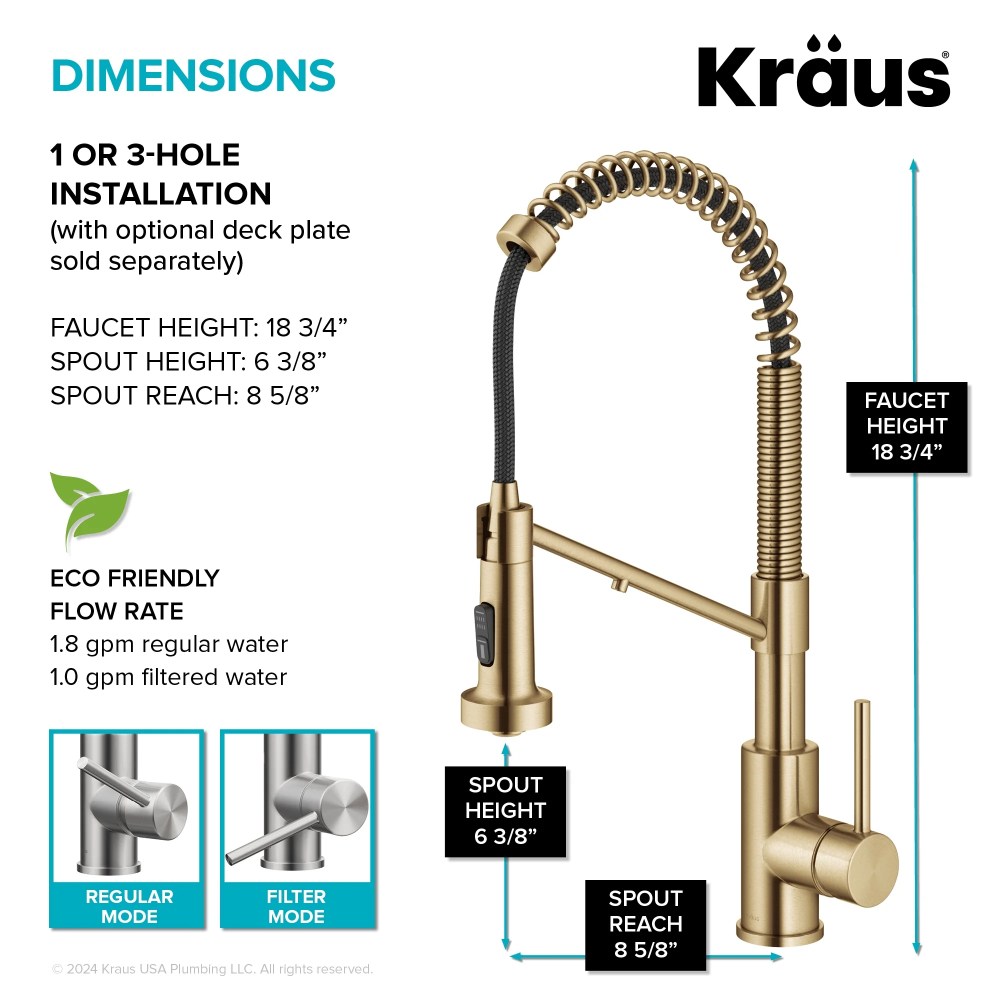 KRAUS Bolden 2-in-1 Commercial Style Pull Down Single Handle Water Filter Kitchen Faucet for Reverse Osmosis or Water Filtration System in Spot-Free Brushed Brass - Image 6