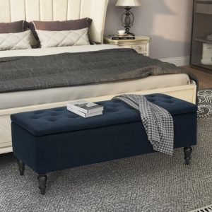 Abble W 45 in. x H 17.3 in.Denim Blue Fabric Upholstered Indoor Use Storage Bench with Button-Tufted Seat