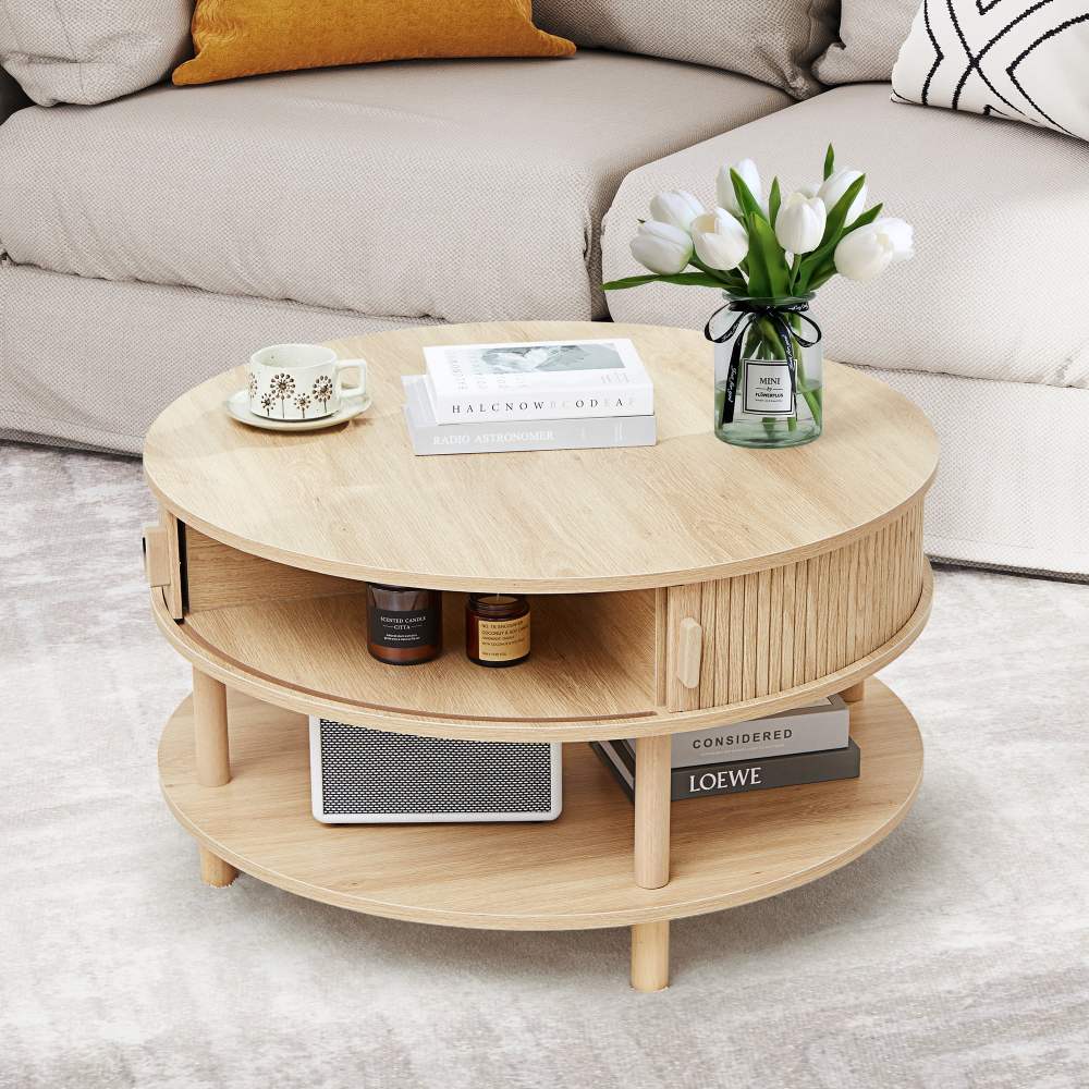 Wirrytor 31" Round Coffee Table with Sliding Doors and Bottom Shelf,Farmhouse 2-Tier Storage Center Table for Living Room,Natural