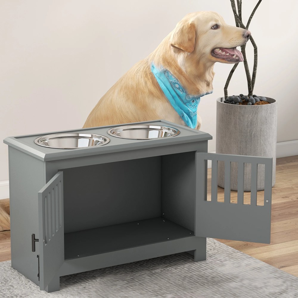 PawHut Dog Food Storage Cabinet with Bowls & Dog Feeding Station, Gray - Image 6