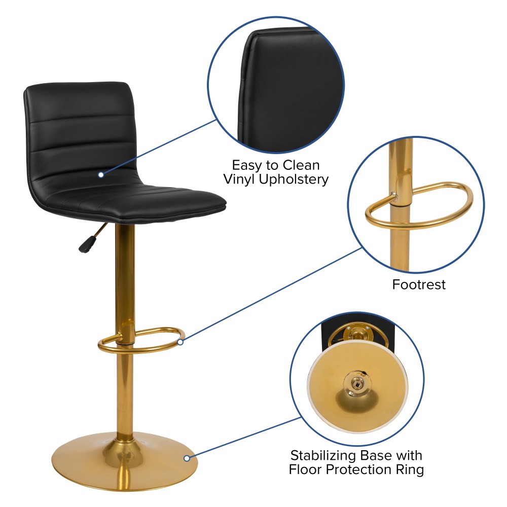 Flash Furniture Vincent Modern Black Vinyl Adjustable Bar Stool with Back, Counter Height Swivel Stool with Gold Pedestal Base, Set of 2 - Image 14