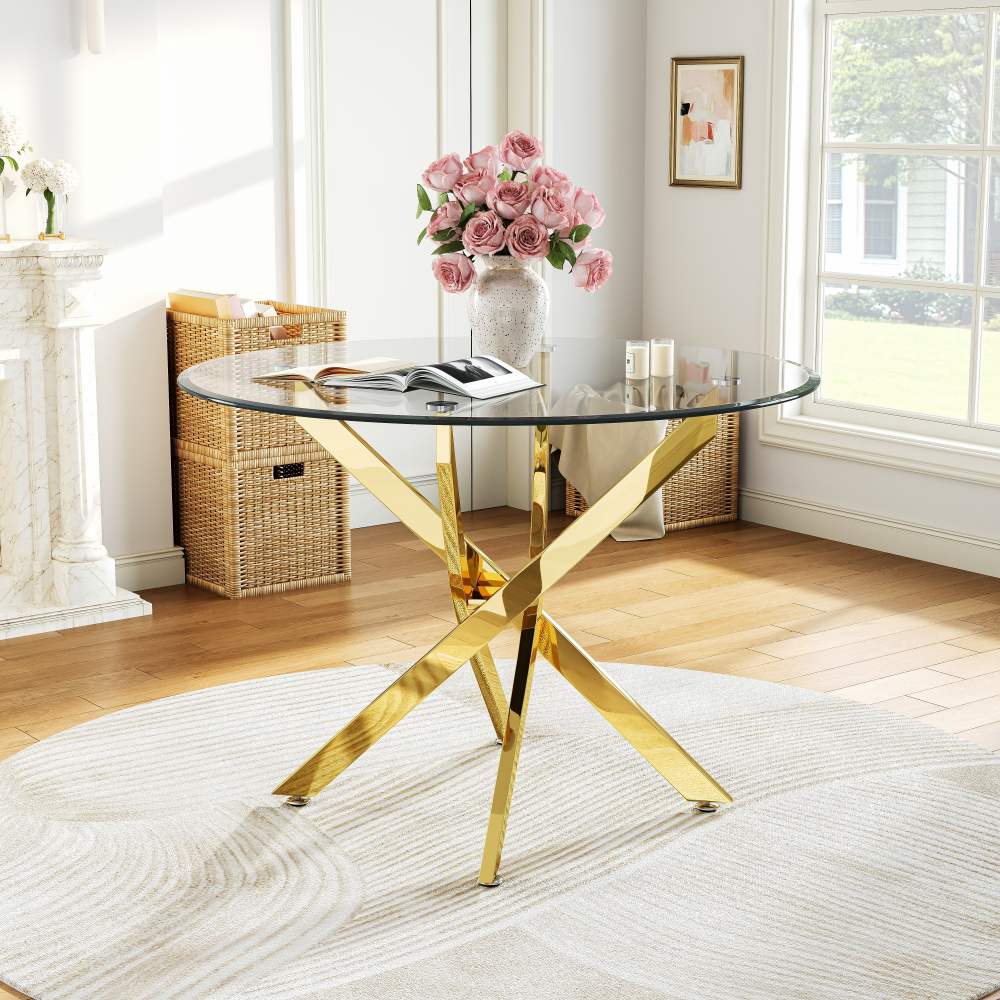36" Round Glass Dining Table with Stainless Steel Legs,Modern Small Kitchen Table with Tempered Glass Top for Dining Room,Apartment,Kitchen