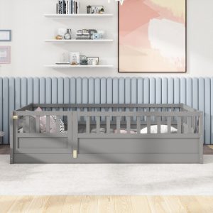 Euroco Twin Wood Floor Bed with Fence and Door, Low Wood Bed for Toddle Kids Teens, Gray