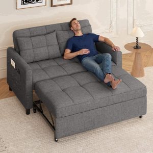 3 in 1 Convertible Sofa Bed, Asofer Modern Pull Out Couch SleeperBed with AdjustableBackrest, Loveseat Couch with Pockets for Apartment Office, Dark Gray