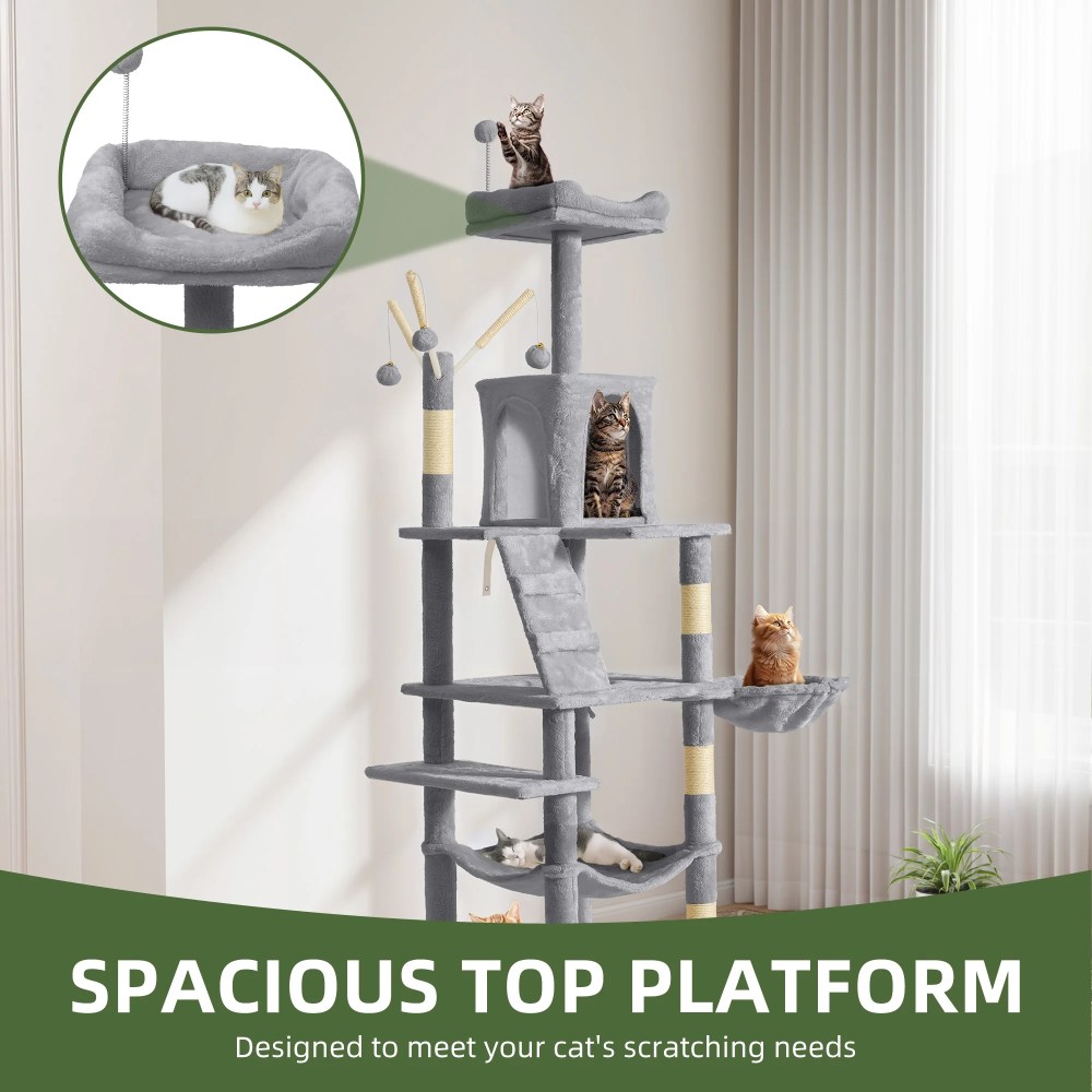 Uforic 64.5" Cat Tree Tower, Multi-Level Play Tower Condo with Scratching Posts&Perch Hammock for Indoor Cats, Light Gray - Image 9