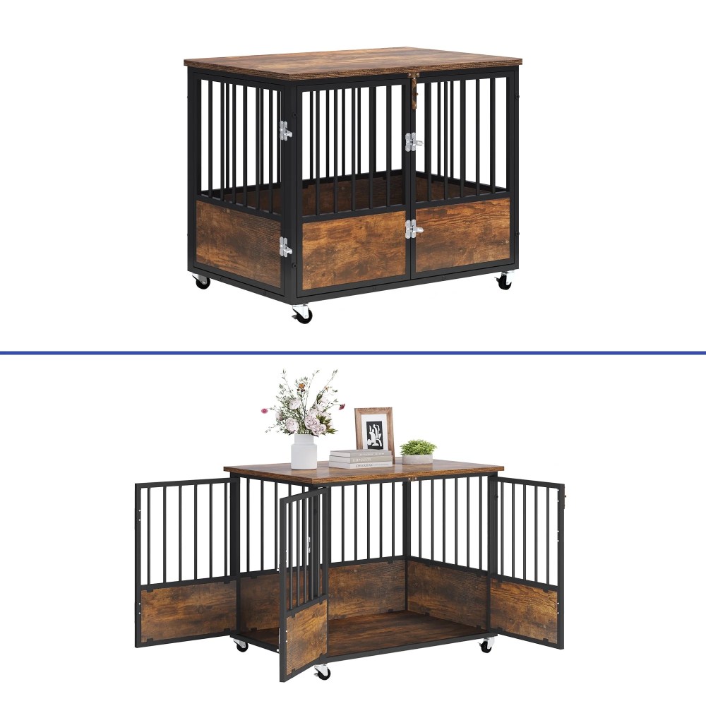 ModFusion 38" Double Door Dog Crate with Wooden Top for Storage, Locking Casters, and Waterproof Surface-Durable, Easy-to-Clean Pet Crate - Image 4