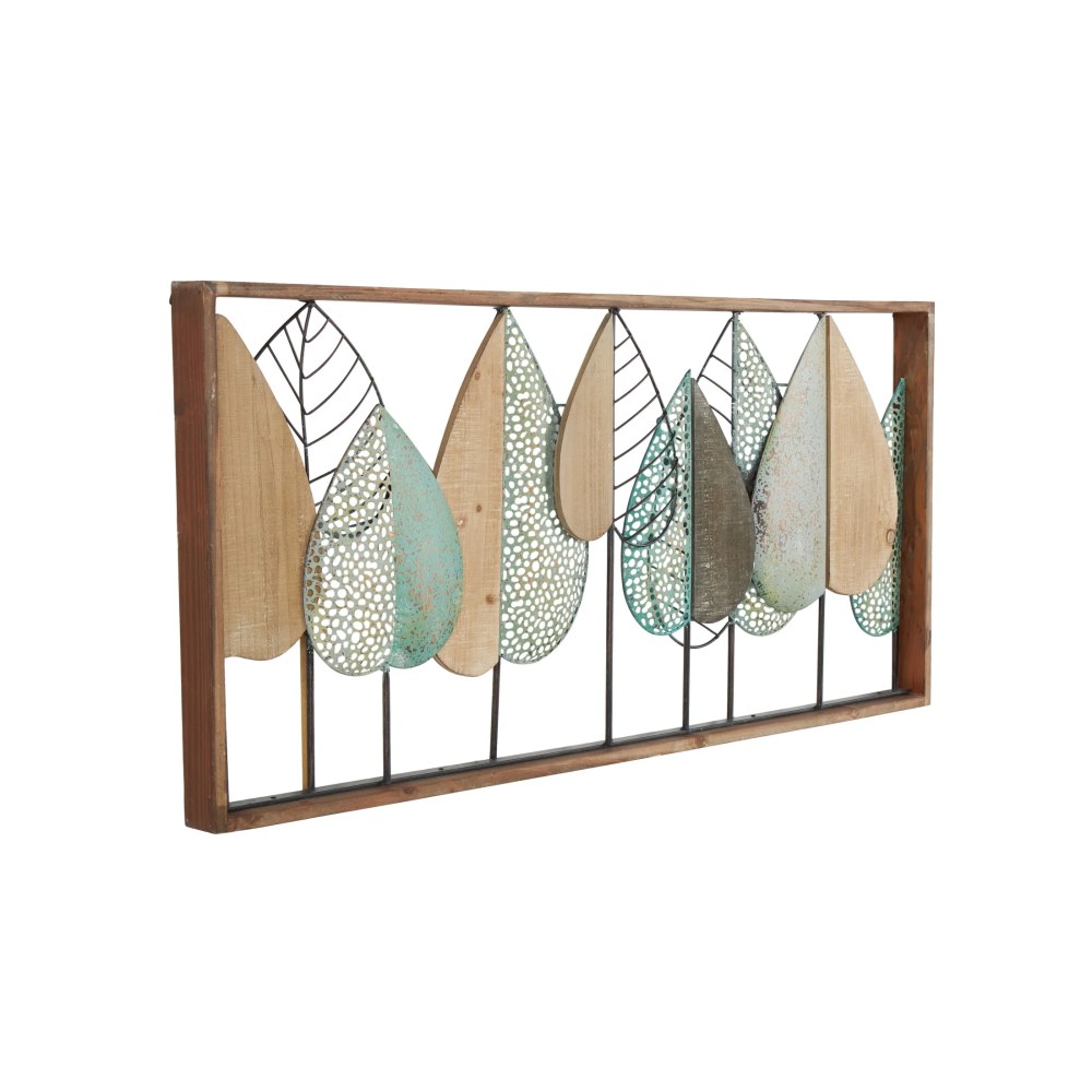 DecMode Brown Wood Cutout Leaf Wall Decor with Green and Black Metal Wire Accents - Image 2