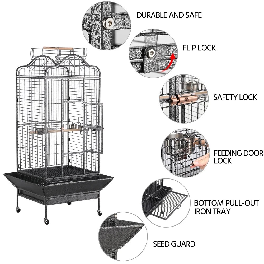 Alden Design 63" Large Parrot Cage with Open Playtop Metal Rolling Bird Cage for African Grey Parakeets, Cockatiels, Black - Image 7