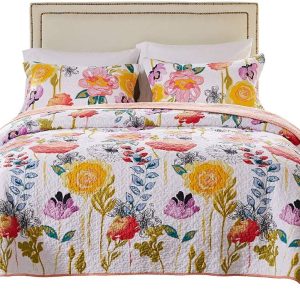 Global Trends Wildflower Dream Modern Floral 100 Cotton Reversible Quilt Set, White, 2-Piece Twin/XL