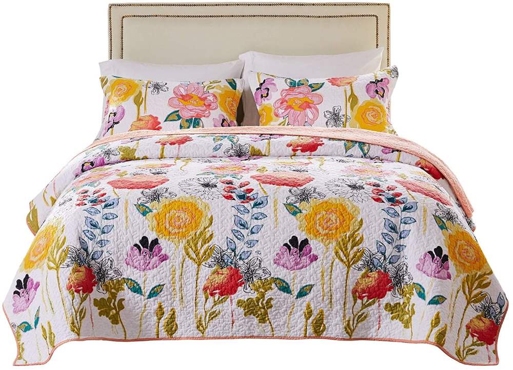 Global Trends Wildflower Dream Modern Floral 100 Cotton Reversible Quilt Set, White, 2-Piece Twin/XL