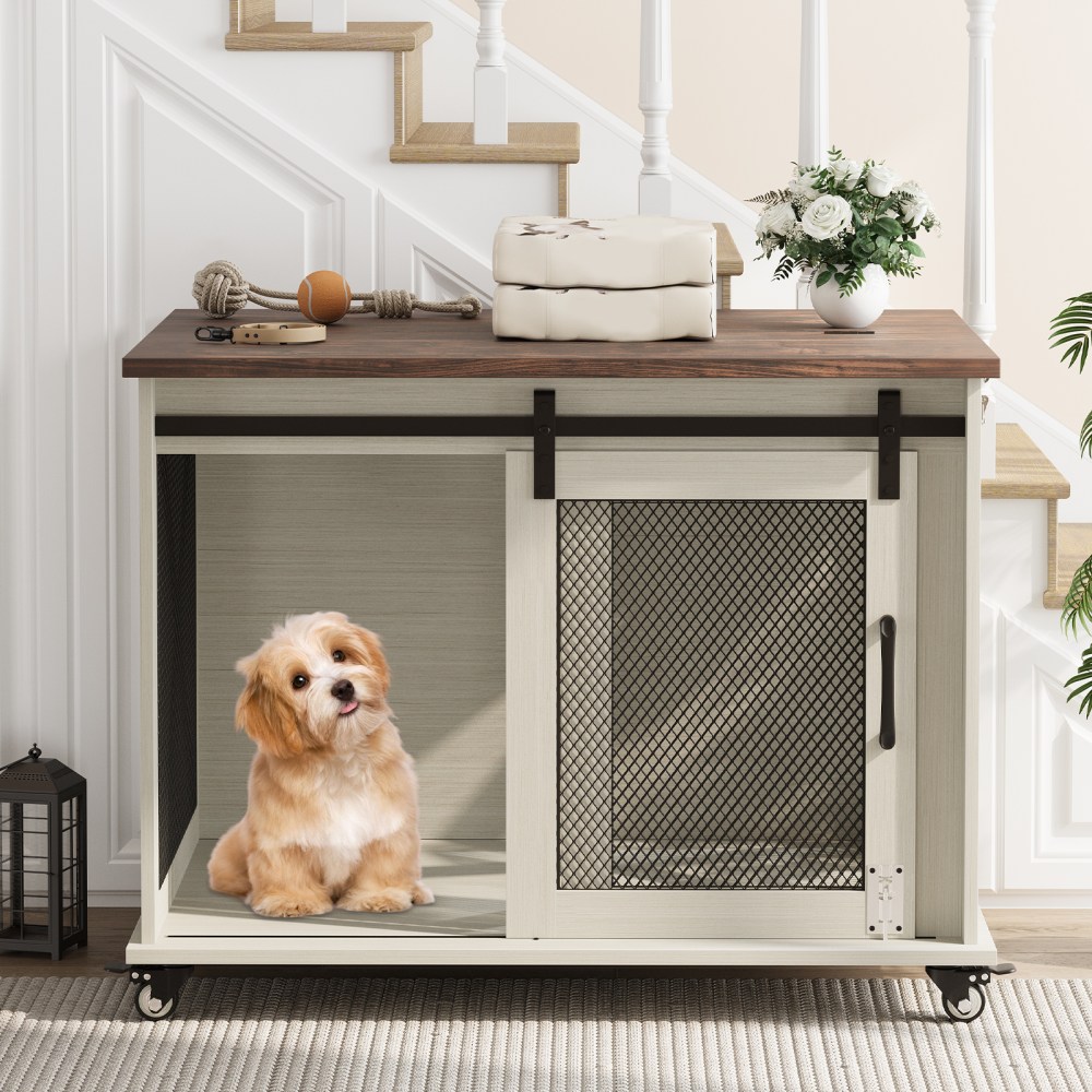 37" Stress-Free Dog Crate with Dual Access Sliding Barn Door & Flip Top Design Creates a Cozy Den for Your Pet - Image 11