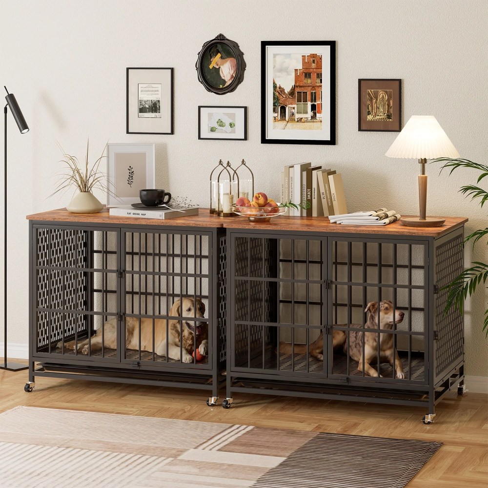 Winkalon 42 Inch Large Dog Crate Rustic Style Furniture Dog Cage Crate with 3 Doors and 4 Wheels Heavy-Duty Kennel, Brown - Image 6