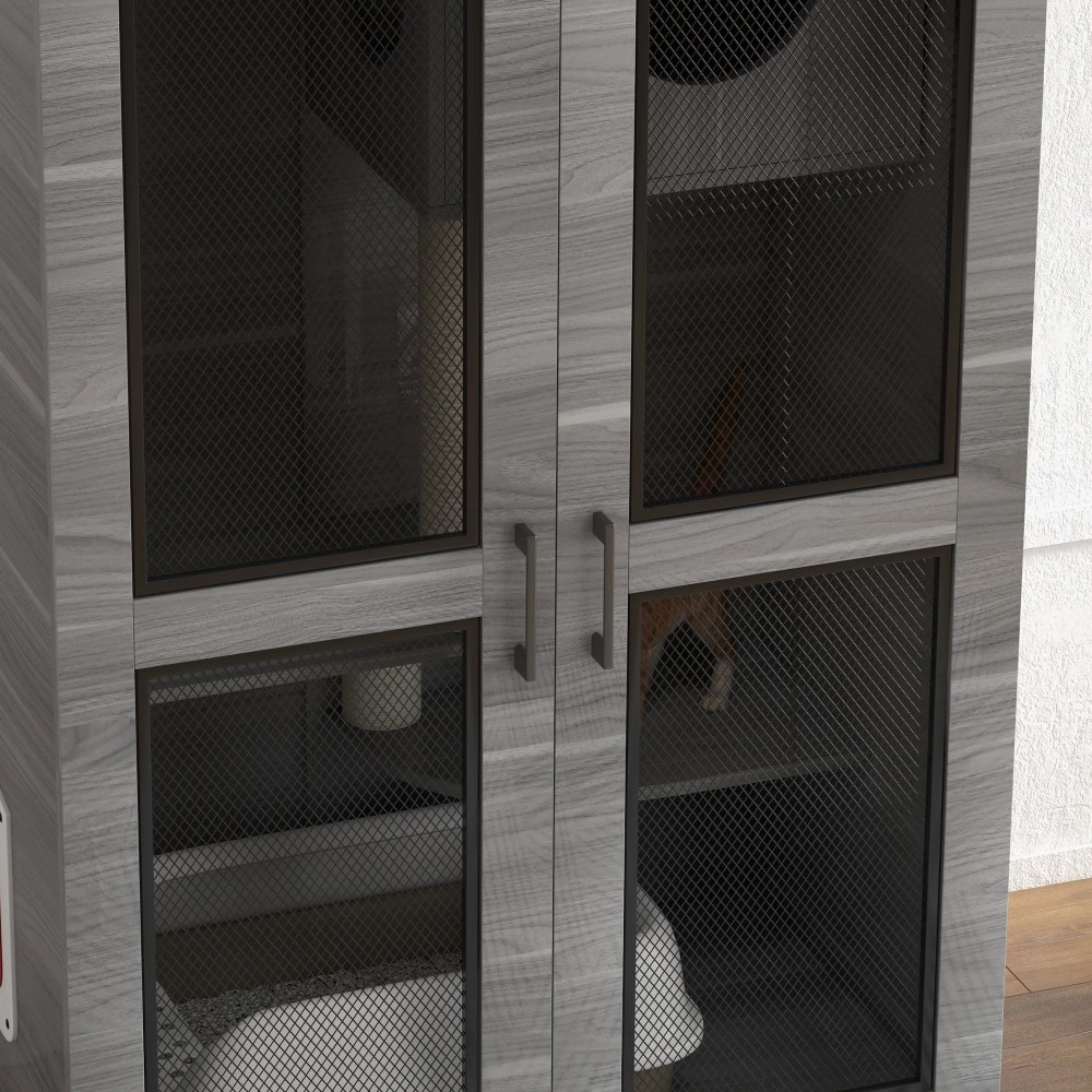 PawHut Cat House with Cat Tree Kitty Cage with Scratching Posts Condo Wheels Flap Door, Gray, 31.5" x 20" x 48.5" - Image 9