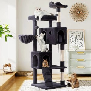 Amolife 64" Large Cat Tree and Tower with Stair,  Condo House & Scratching Posts for Indoor Cats,  Dark Blue