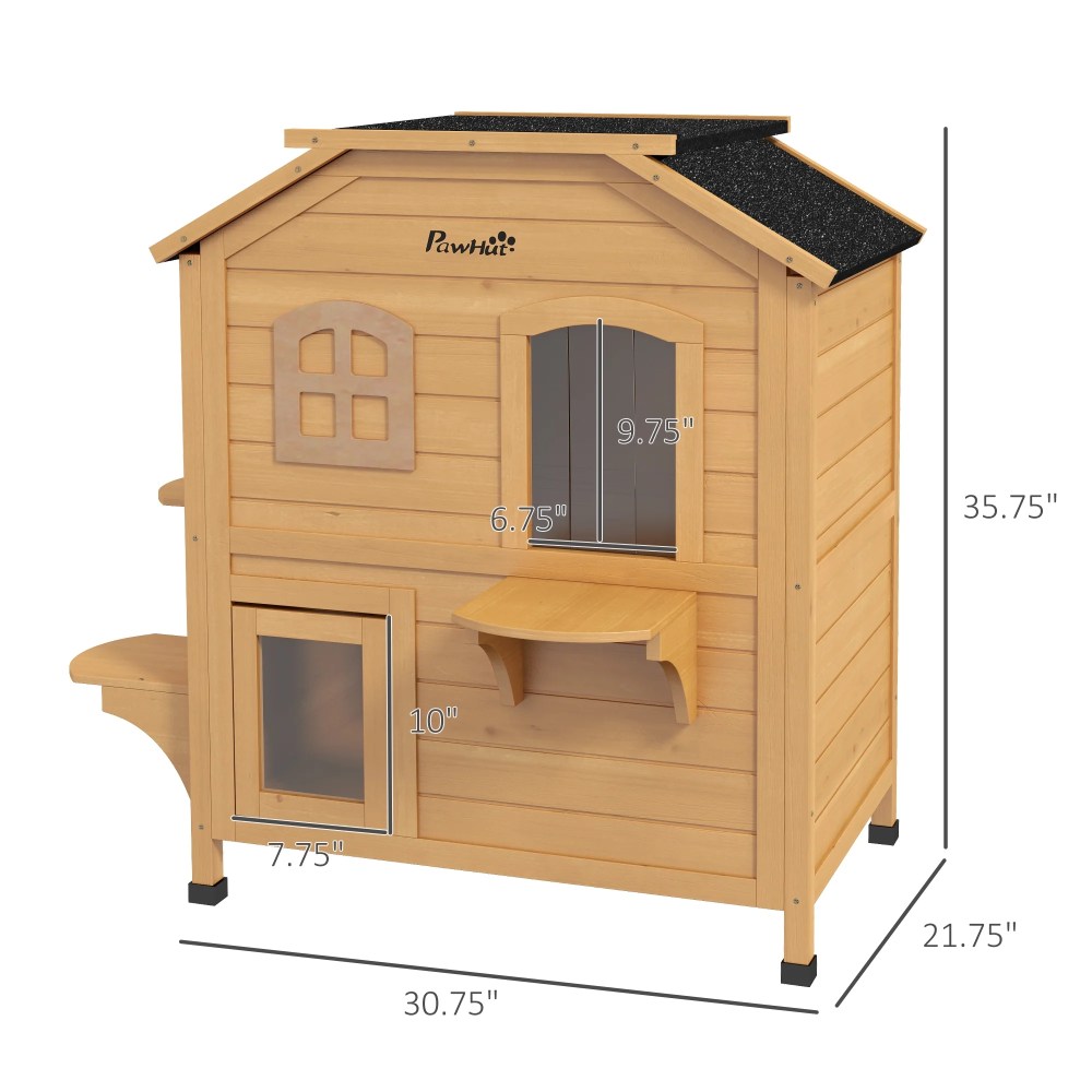 PawHut Outdoor Wooden 2-Story Cat House, Wooden Door, Openable Roof, Jumping Platforms, Natural - Image 9