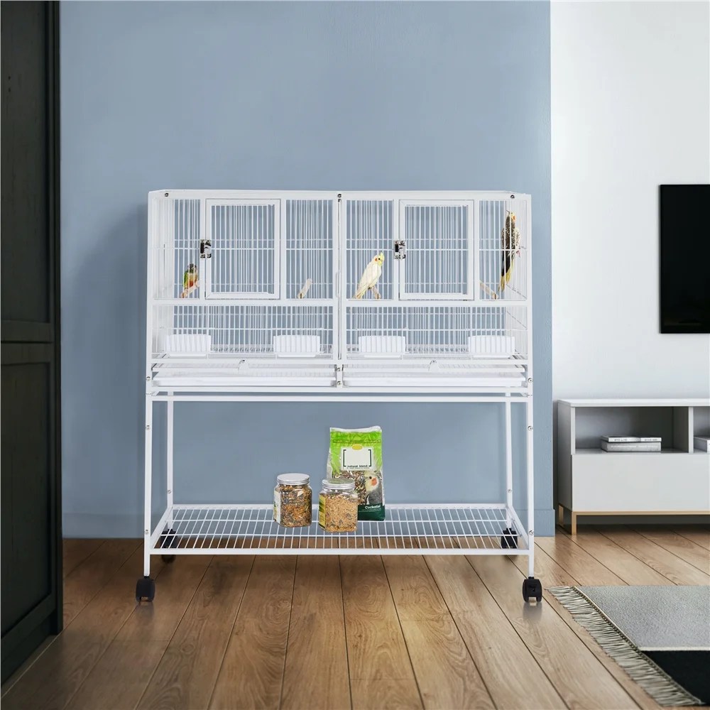 Alden Design Stackable Wide Divided Metal Bird Breeder Cage with Rolling Stand, White - Image 7