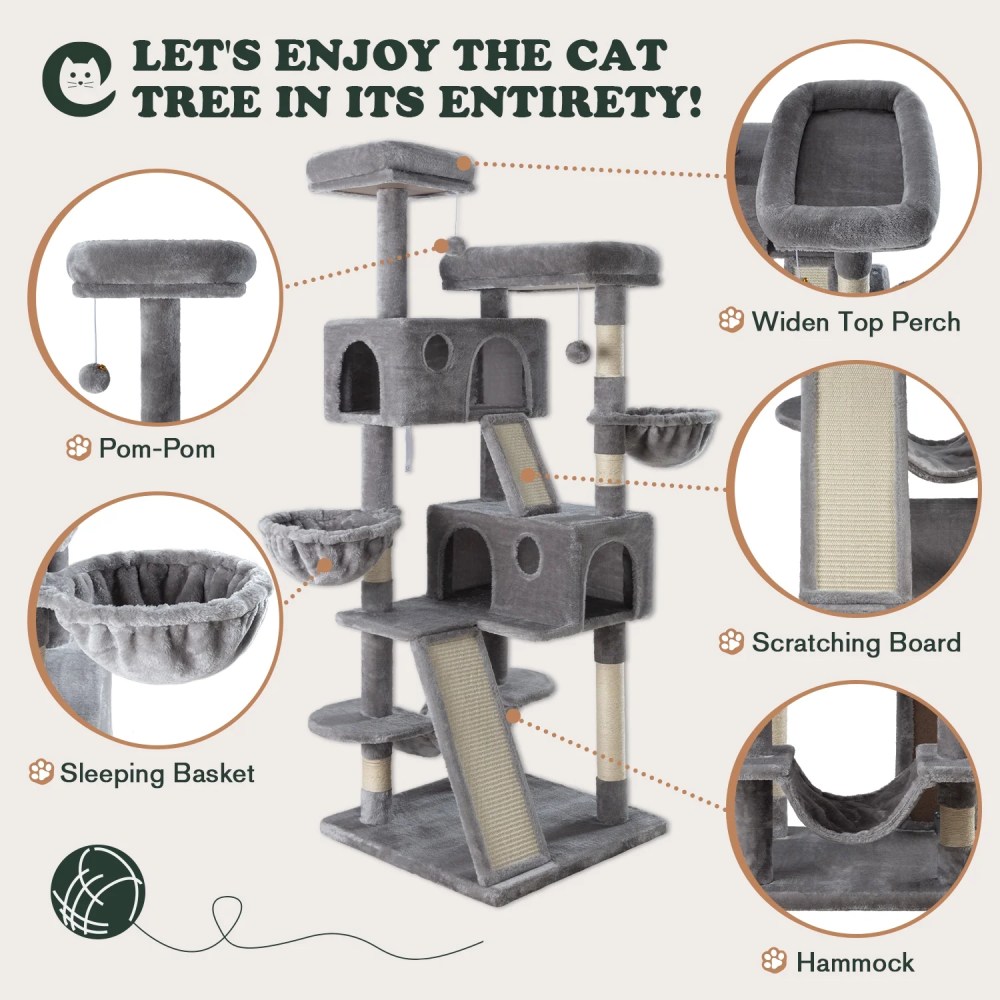 Amolife 65.7" Large Cat Tree and Tower Condo for Indoor Cats with 2 Scratching Boards, Hammock & Post, Gray - Image 5