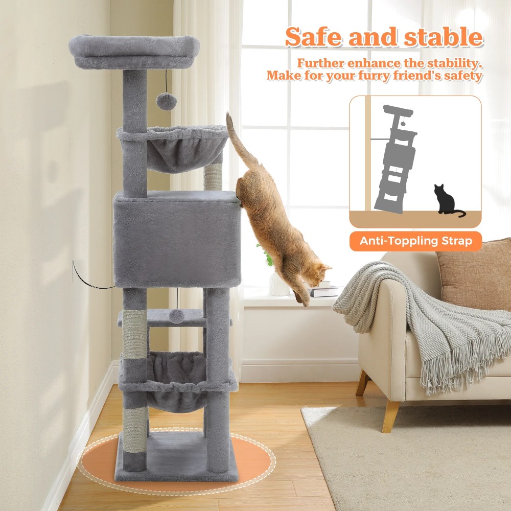 PAWZ Road 49" Large Cat Tree Multi-Level Scratcher with Two Hammocks&Condo for Indoor Cats Gray - Image 5