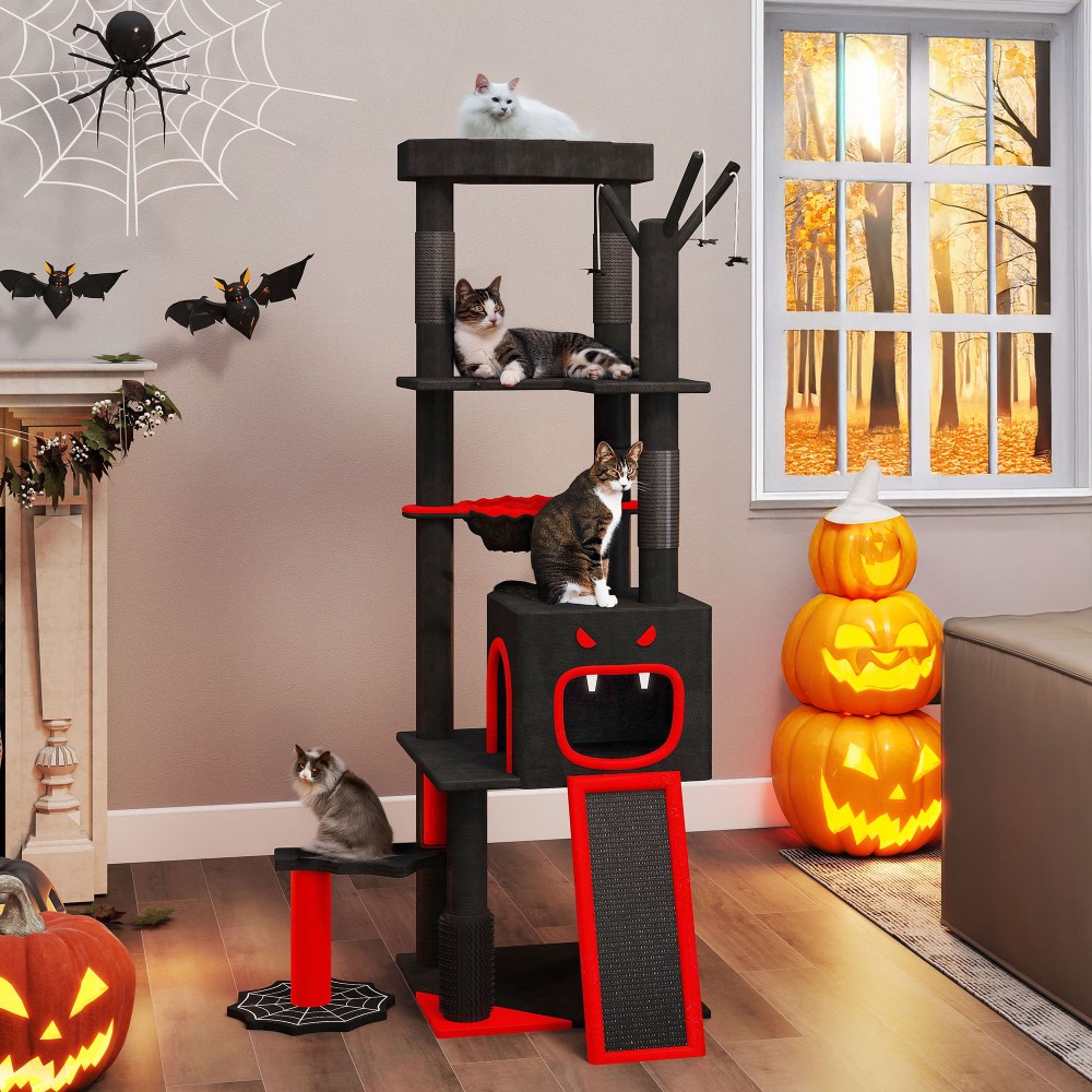 Uforic 60" Gothic Cat Tree Tower with Coffin Bed, Tall Cat Tower with Top Perch, Condos, Basket, Scratcher, Black Halloween - Image 8