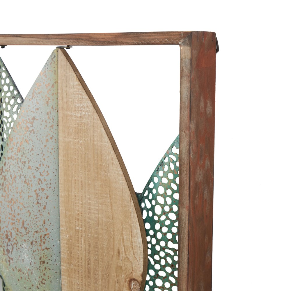 DecMode Brown Wood Cutout Leaf Wall Decor with Green and Black Metal Wire Accents - Image 9
