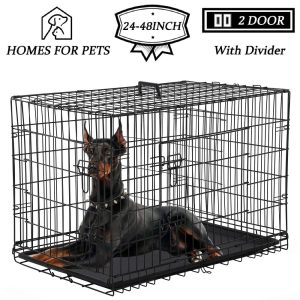 YRLLENSDAN 48 inch Foldable Large Dog Crate for Large Dogs,  Metal Wire Dog Cage with Plastic Tray and Handle Double-Door Outdoor Dog Crates and Kennels for Medium dogs,  Black