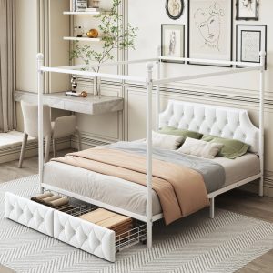 Euroco Wood Queen Size Canopy Platform Bed with Four Support Legs and 2 Drawers for Kids Teens Adults, White
