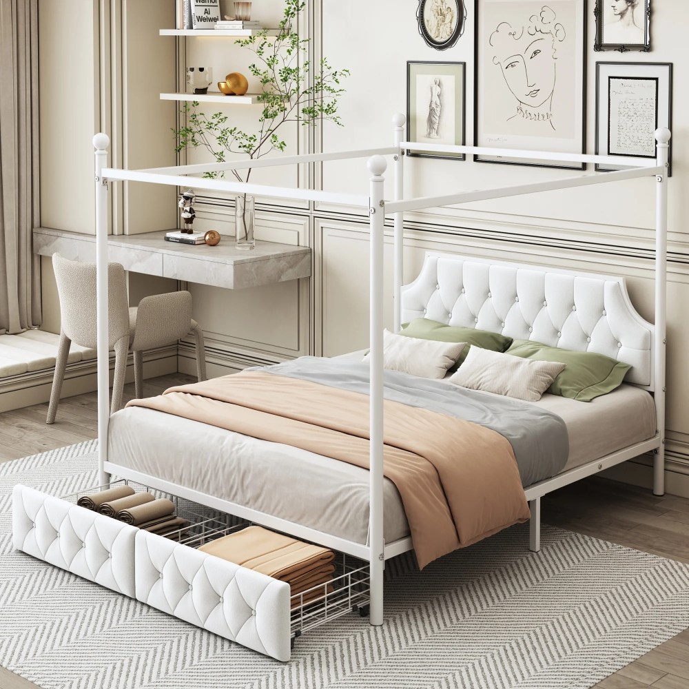 Euroco Wood Queen Size Canopy Platform Bed with Four Support Legs and 2 Drawers for Kids Teens Adults, White