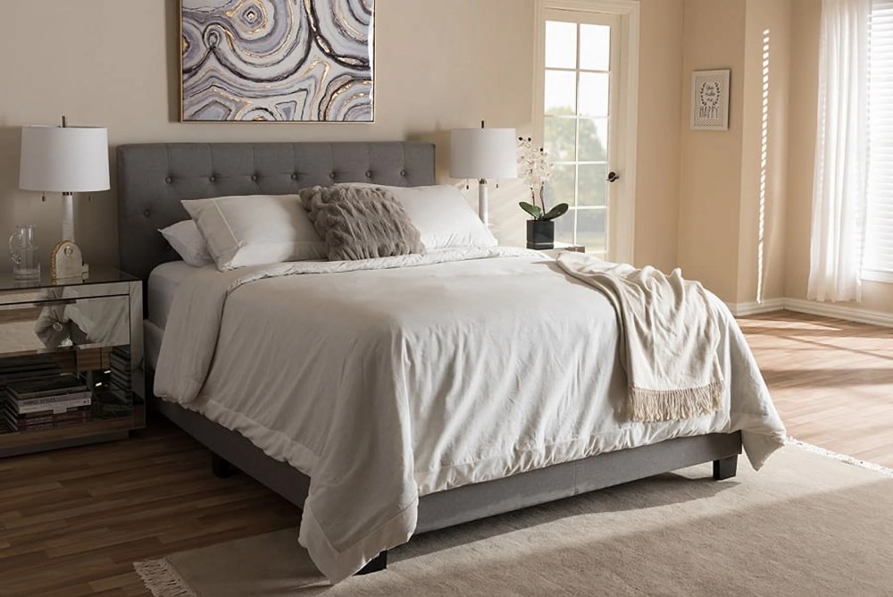 Baxton Studio Cassandra Queen Bed with Padded Headboard and Button-Tufted Detail, Light Grey