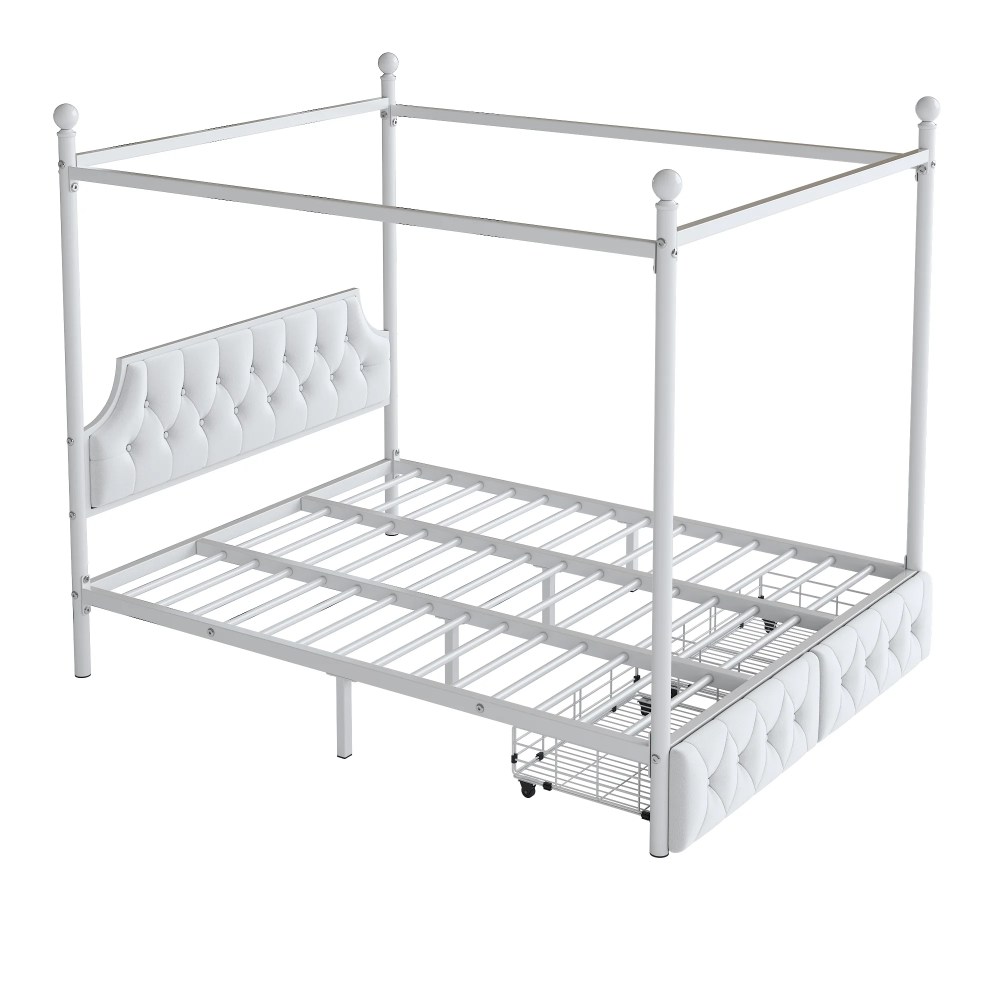 Euroco Wood Queen Size Canopy Platform Bed with Four Support Legs and 2 Drawers for Kids Teens Adults, White - Image 14